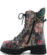 L'ARTISTE Ferociti Floral Printed Leather Lace Up Combat Boots