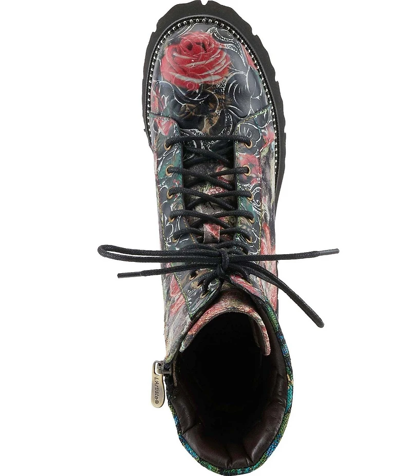 L'ARTISTE Ferociti Floral Printed Leather Lace Up Combat Boots