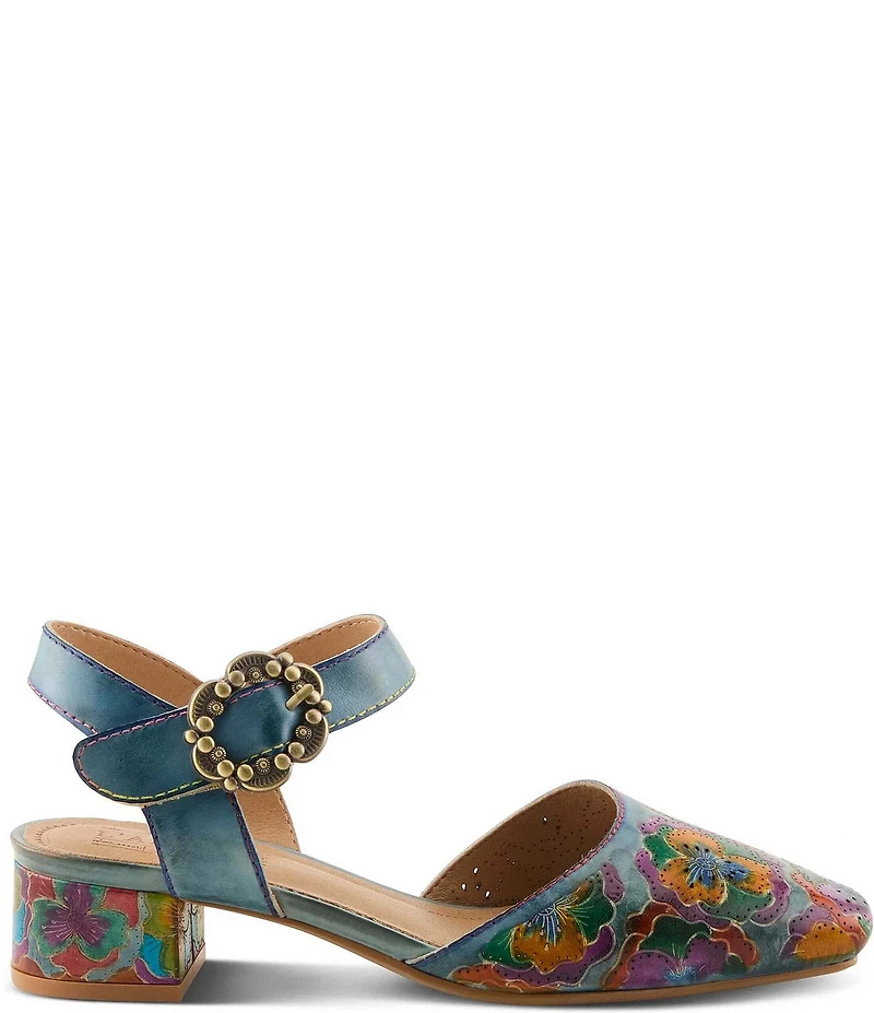 L'ARTISTE Funferbiz Floral Painted Leather Ankle Strap Pumps