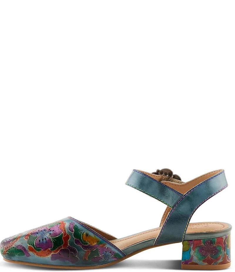 L'ARTISTE Funferbiz Floral Painted Leather Ankle Strap Pumps