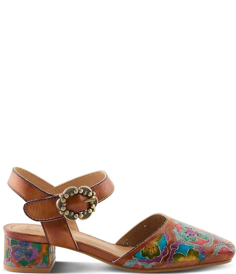 L'ARTISTE Funferbiz Floral Painted Leather Ankle Strap Pumps