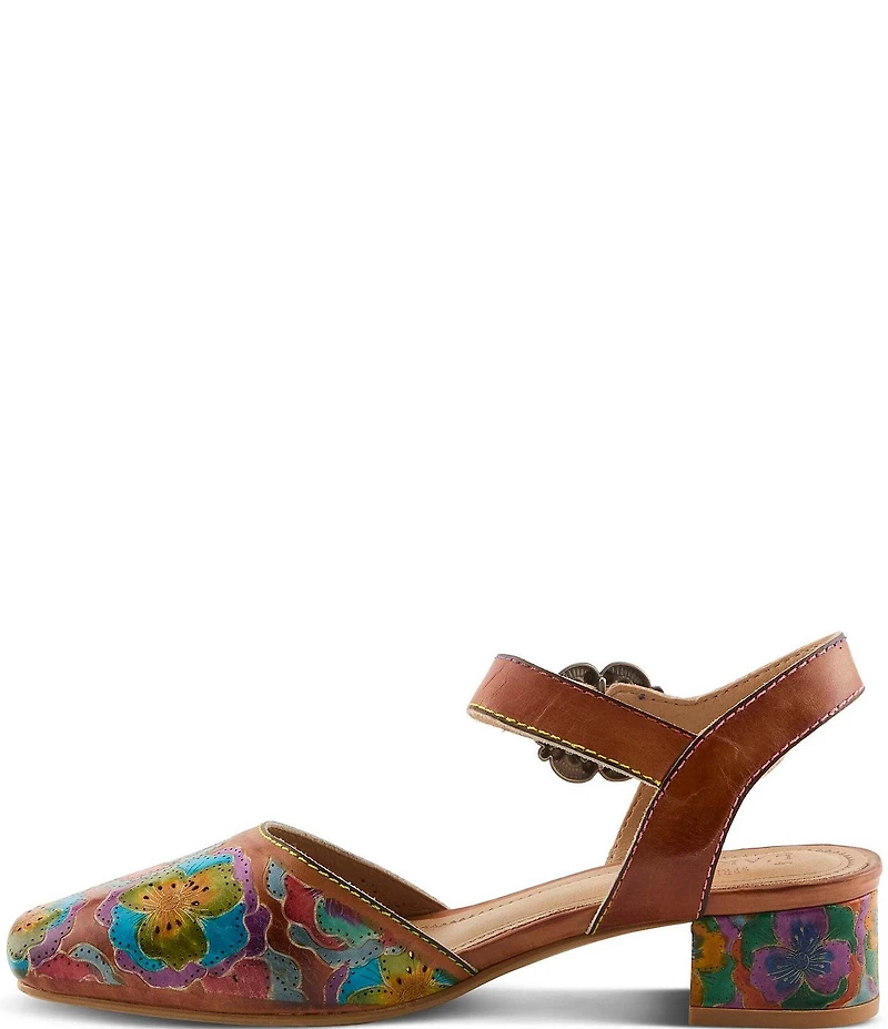 L'ARTISTE Funferbiz Floral Painted Leather Ankle Strap Pumps