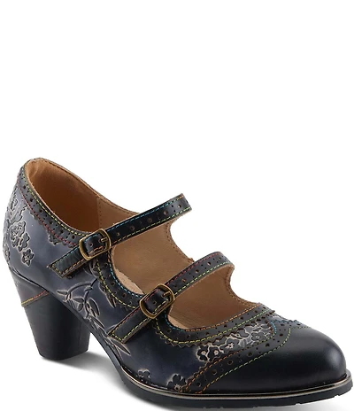 L'ARTISTE Gaviria Floral Leather Brogue Detail Double Strap Mary Jane Pumps