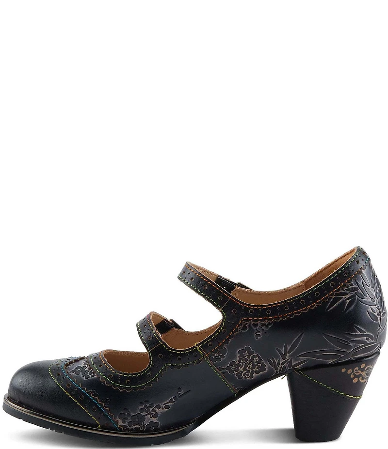 L'ARTISTE Gaviria Floral Leather Brogue Detail Double Strap Mary Jane Pumps