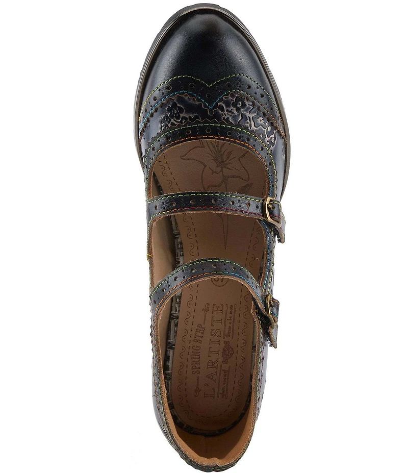 L'ARTISTE Gaviria Floral Leather Brogue Detail Double Strap Mary Jane Pumps