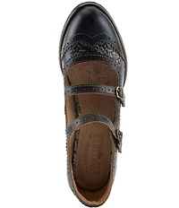 L'ARTISTE Gaviria Floral Leather Brogue Detail Double Strap Mary Jane Pumps