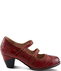 L'ARTISTE Gaviria Floral Leather Brogue Detail Double Strap Mary Jane Pumps