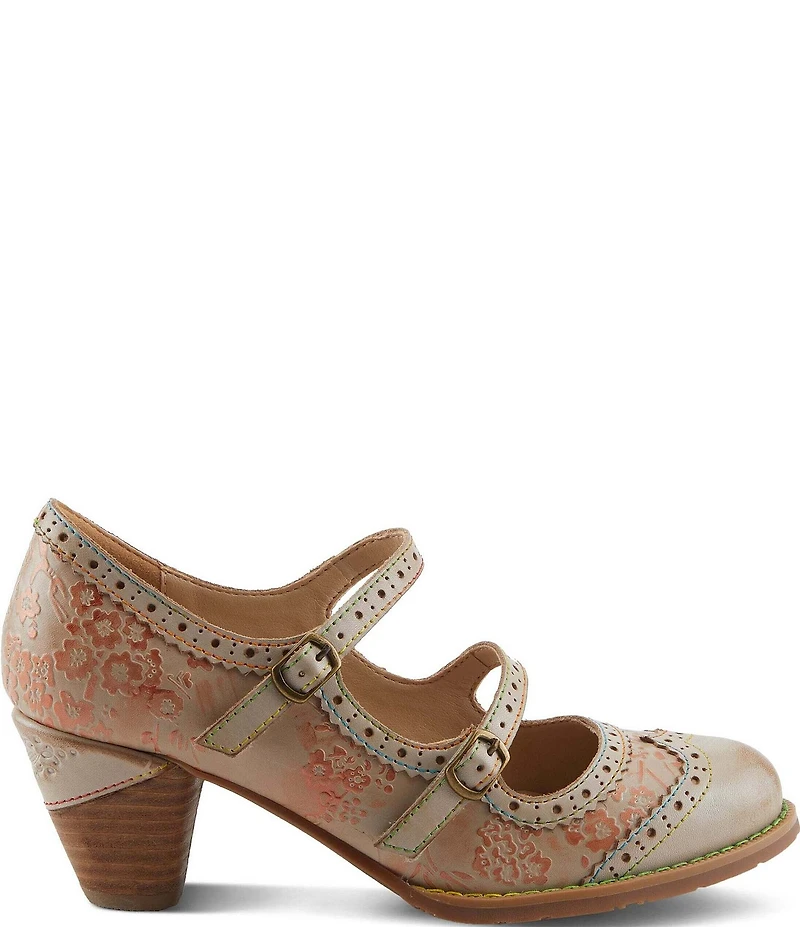 L'ARTISTE Gaviria Floral Leather Brogue Detail Double Strap Mary Jane Pumps