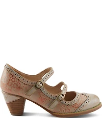 L'ARTISTE Gaviria Floral Leather Brogue Detail Double Strap Mary Jane Pumps