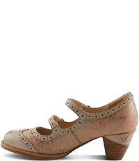 L'ARTISTE Gaviria Floral Leather Brogue Detail Double Strap Mary Jane Pumps