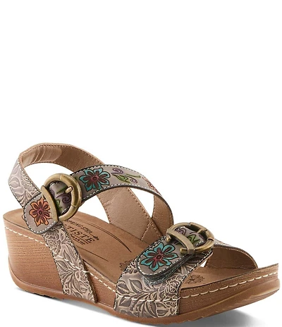 L'ARTISTE Gottaget Floral Embossed Leather Wedge Sandals