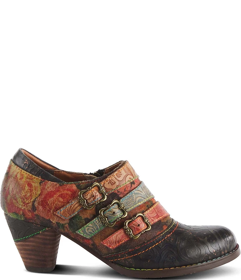 L'ARTISTE Graphic Hand Painted Floral Print Buckled Hardware Straps Shooties