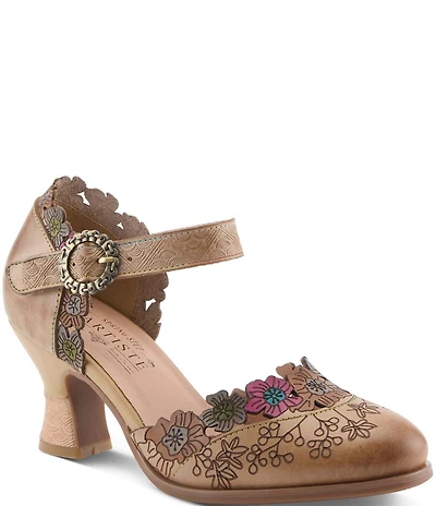 L'ARTISTE Happydance Floral Etched Leather Ankle Strap Pumps