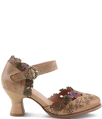 L'ARTISTE Happydance Floral Etched Leather Ankle Strap Pumps