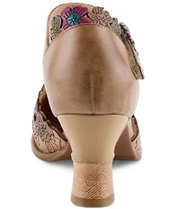 L'ARTISTE Happydance Floral Etched Leather Ankle Strap Pumps