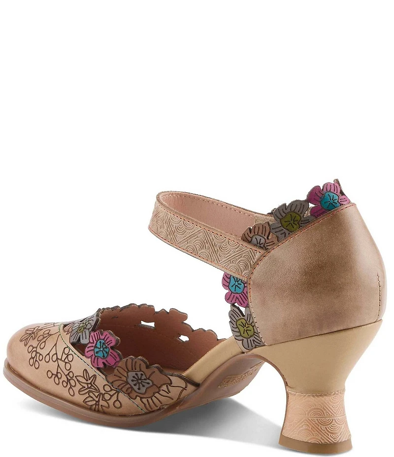 L'ARTISTE Happydance Floral Etched Leather Ankle Strap Pumps