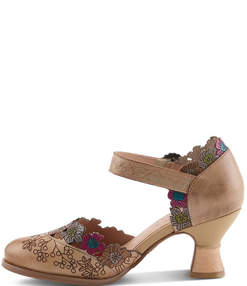 L'ARTISTE Happydance Floral Etched Leather Ankle Strap Pumps