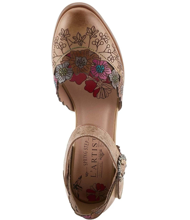 L'ARTISTE Happydance Floral Etched Leather Ankle Strap Pumps