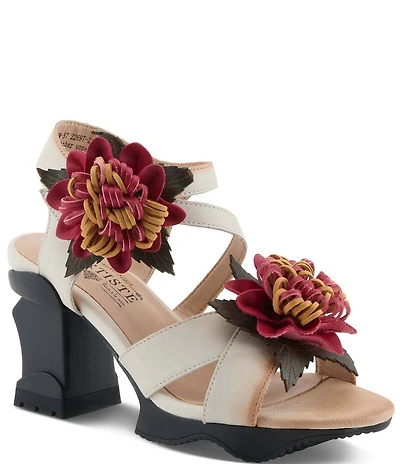 L'ARTISTE Hooked Leather Chrysanthemum Ornament Block Heel Sandals