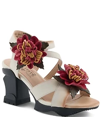 L'ARTISTE Hooked Leather Chrysanthemum Ornament Block Heel Sandals