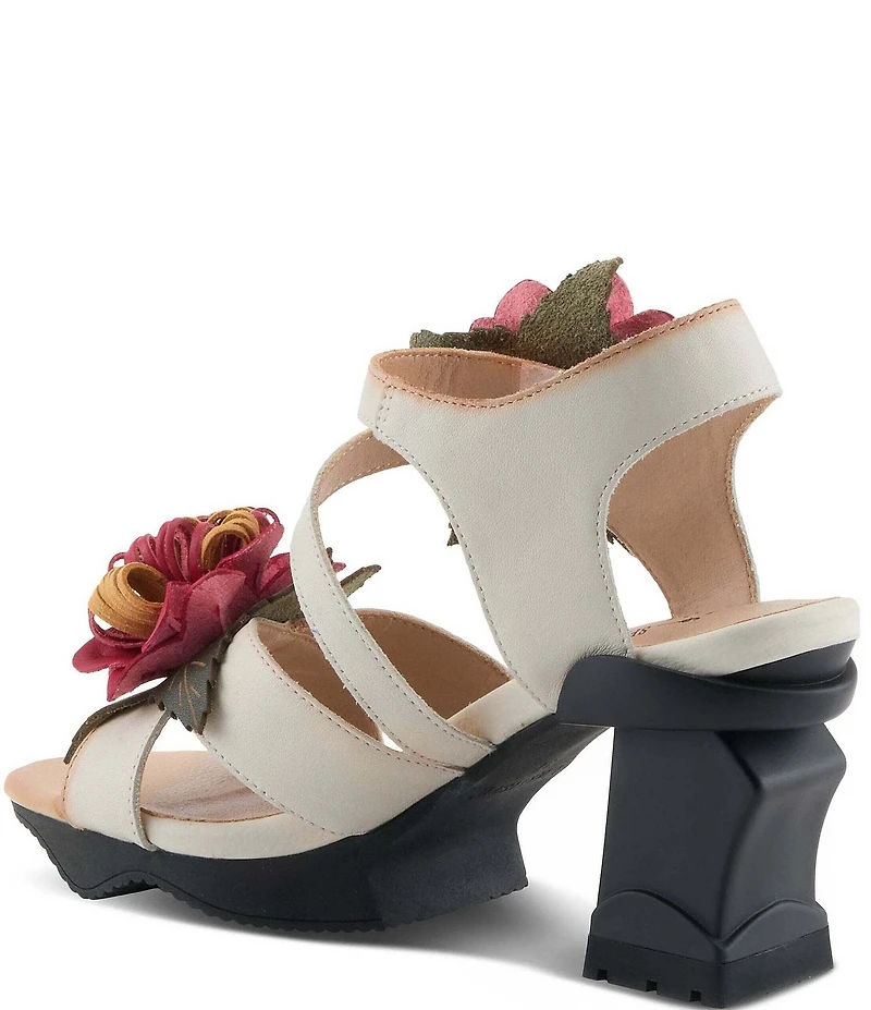 L'ARTISTE Hooked Leather Chrysanthemum Ornament Block Heel Sandals