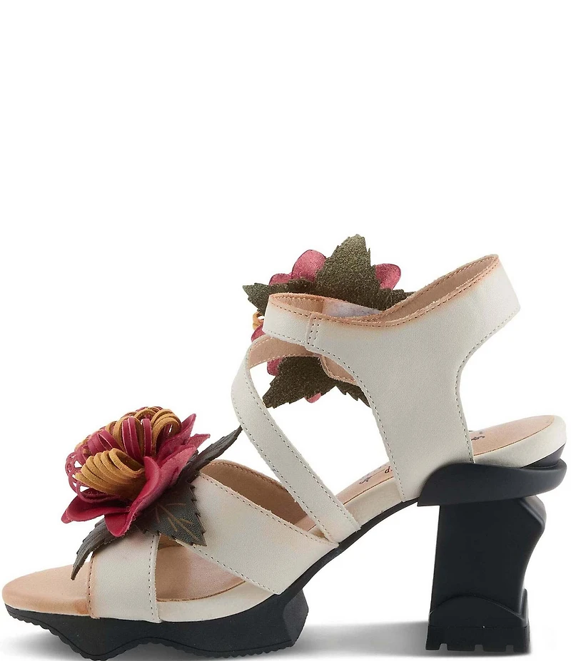 L'ARTISTE Hooked Leather Chrysanthemum Ornament Block Heel Sandals
