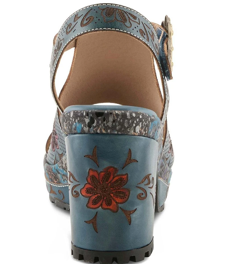 L'ARTISTE Jawdrop Leather Floral Platform Block Heel Sandals