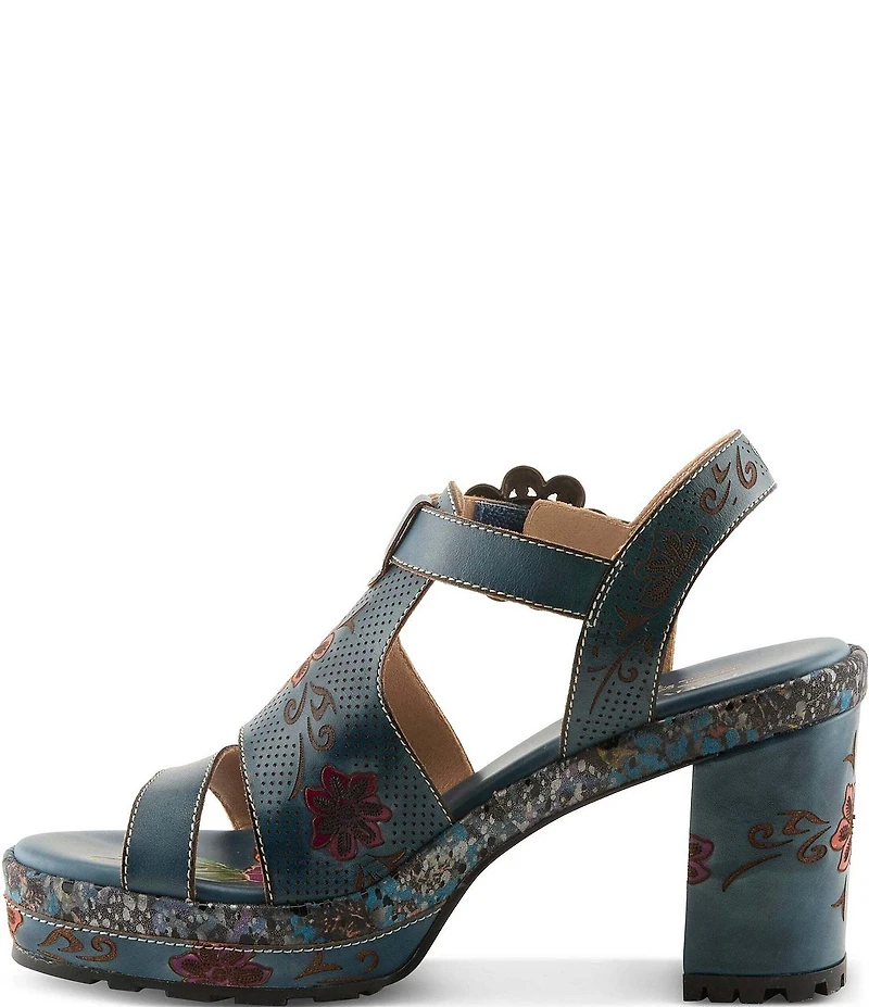 L'ARTISTE Jawdrop Leather Floral Platform Block Heel Sandals