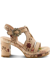L'ARTISTE Jawdrop Leather Floral Platform Block Heel Sandals