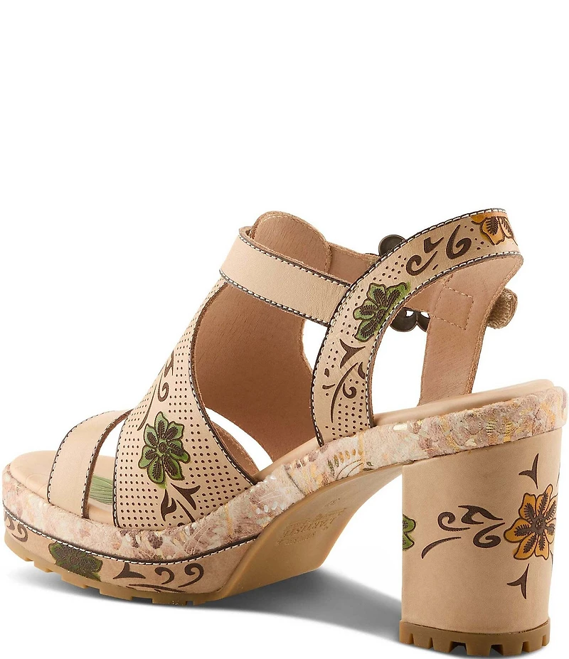L'ARTISTE Jawdrop Leather Floral Platform Block Heel Sandals