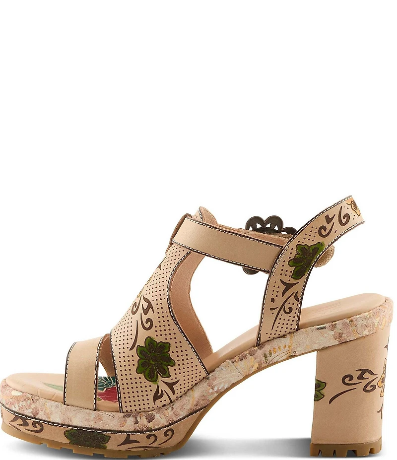 L'ARTISTE Jawdrop Leather Floral Platform Block Heel Sandals