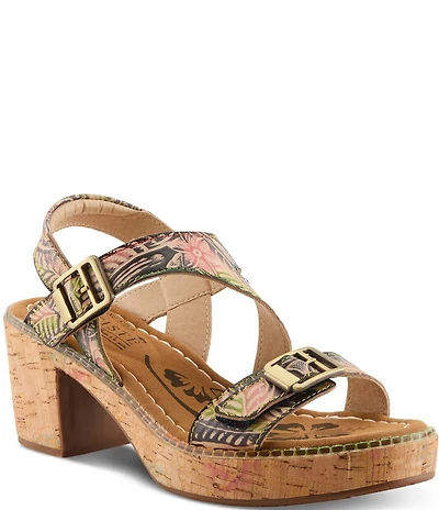 L'ARTISTE Jess Floral Embossed Leather Platform Block Heel Sandals