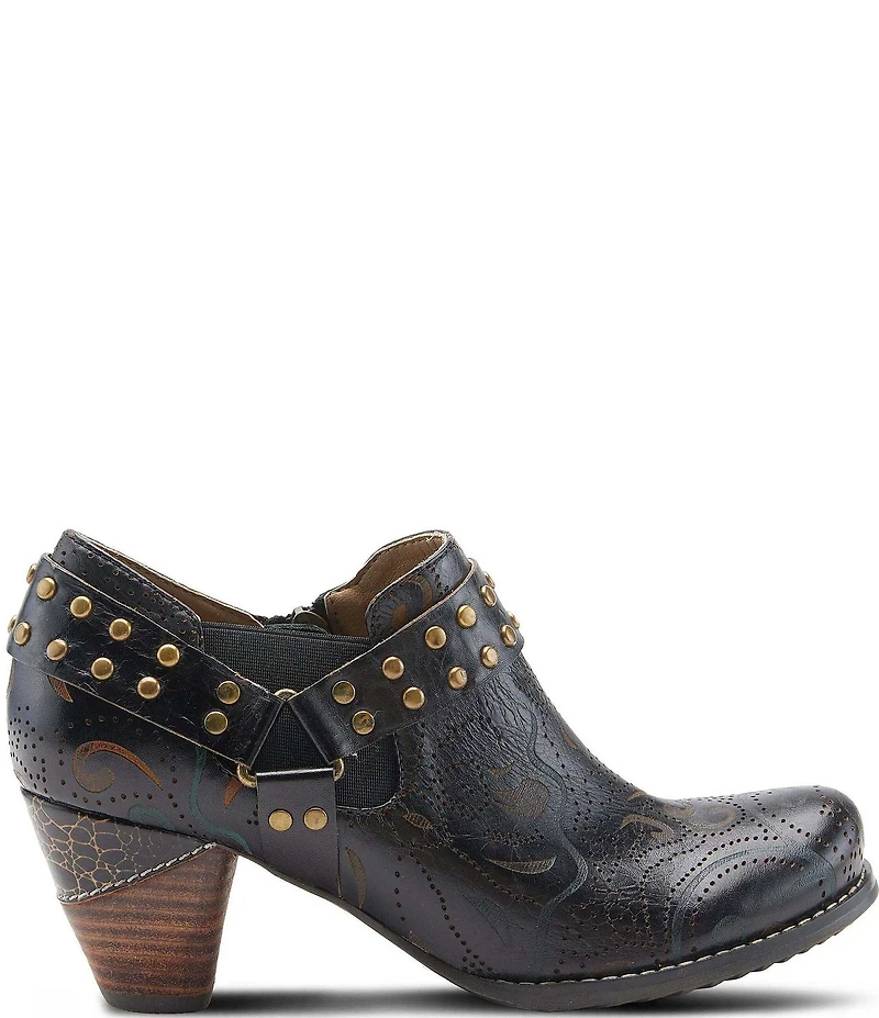 L'ARTISTE Kacielou Tooled Perforated Leather Studded Harness Hardware Shooties