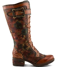 L'ARTISTE Kisha Floral Leather Lace Up Ornate Buckle Hardware Tall Boots