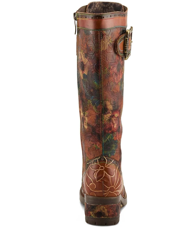 L'ARTISTE Kisha Floral Leather Lace Up Ornate Buckle Hardware Tall Boots