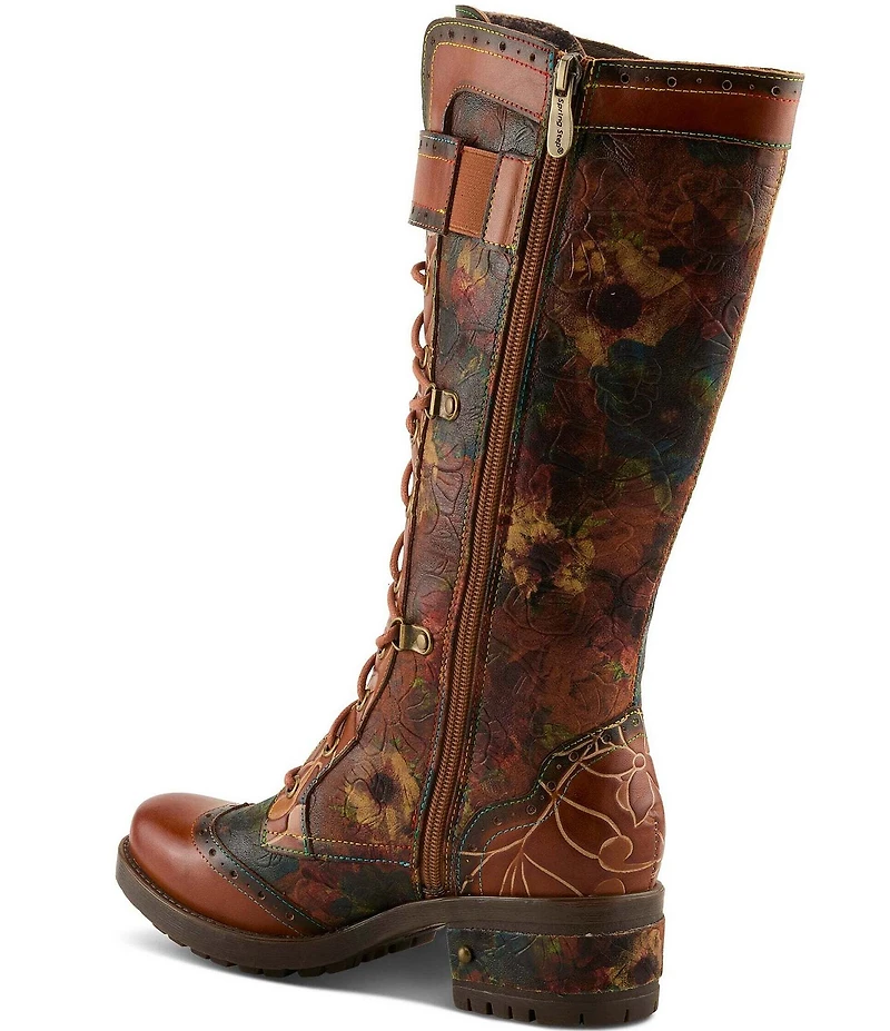 L'ARTISTE Kisha Floral Leather Lace Up Ornate Buckle Hardware Tall Boots