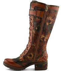 L'ARTISTE Kisha Floral Leather Lace Up Ornate Buckle Hardware Tall Boots
