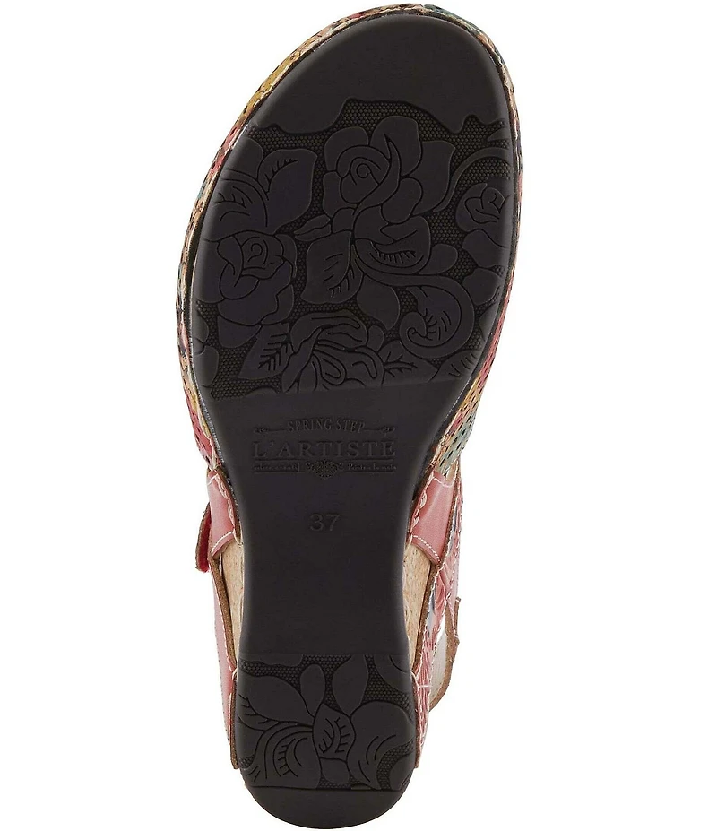 L'ARTISTE Koraline Perforated Floral Print Leather Ankle Strap Shoes