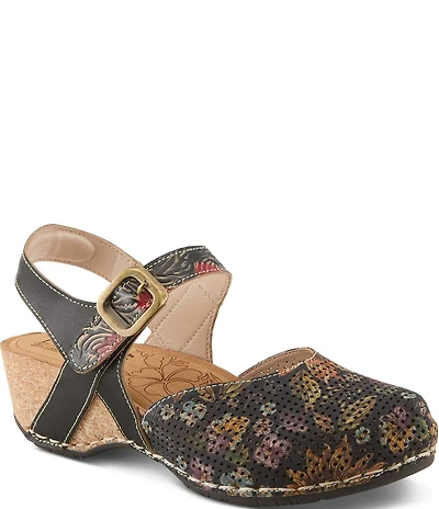 L'ARTISTE Koraline Perforated Floral Print Leather Ankle Strap Shoes