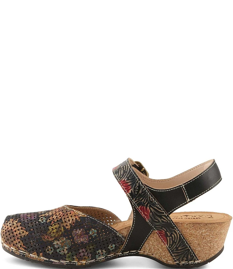 L'ARTISTE Koraline Perforated Floral Print Leather Ankle Strap Shoes