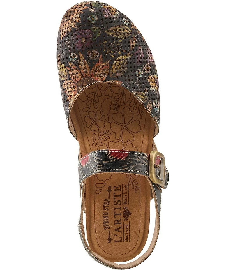 L'ARTISTE Koraline Perforated Floral Print Leather Ankle Strap Shoes