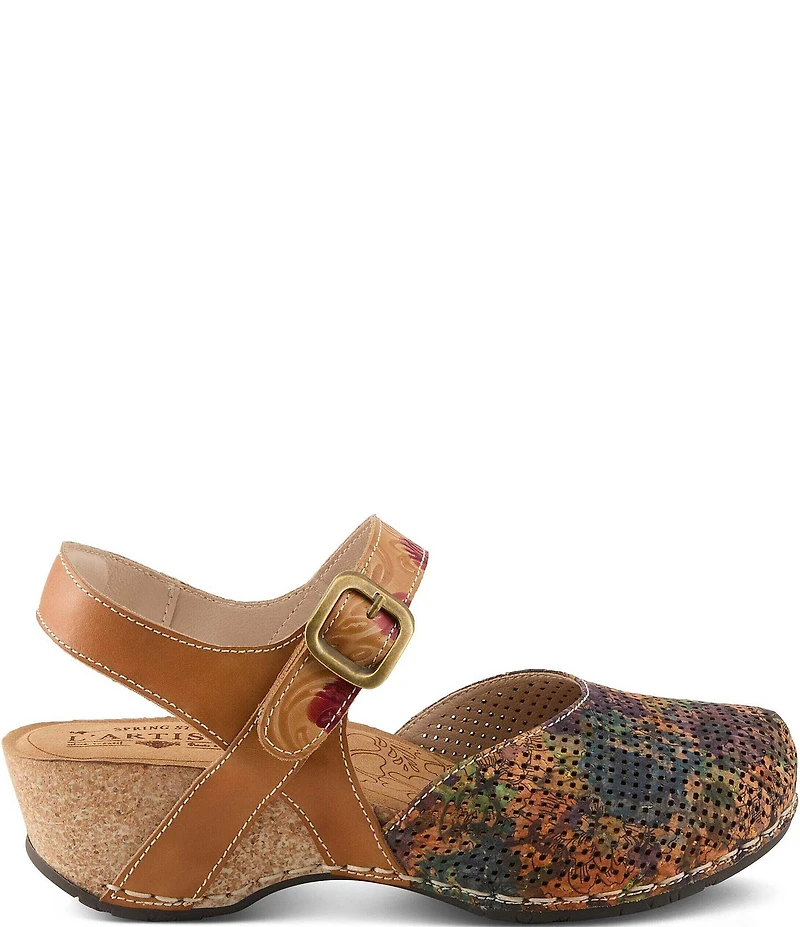 L'ARTISTE Koraline Perforated Floral Print Leather Ankle Strap Shoes