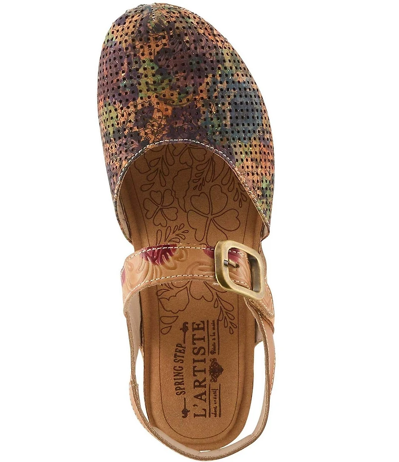 L'ARTISTE Koraline Perforated Floral Print Leather Ankle Strap Shoes