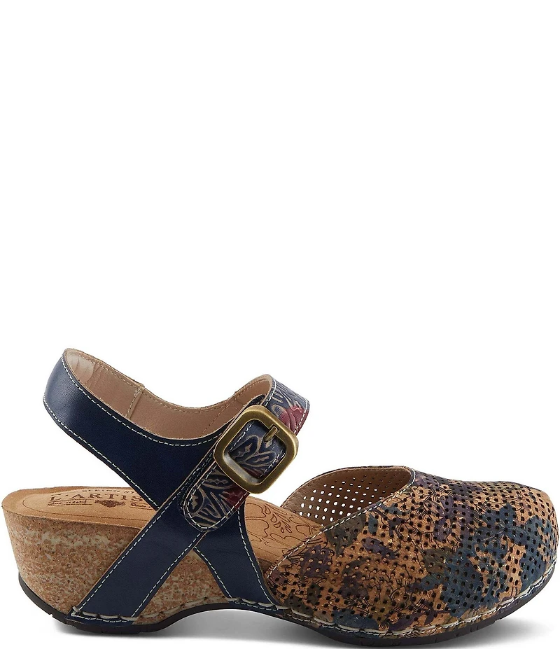 L'ARTISTE Koraline Perforated Floral Print Leather Ankle Strap Shoes