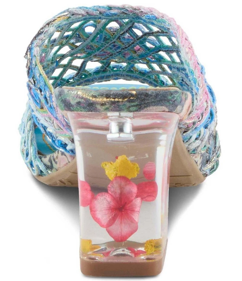 L'ARTISTE Lacyloops Metallic Macrame Block Heel Slide Sandals