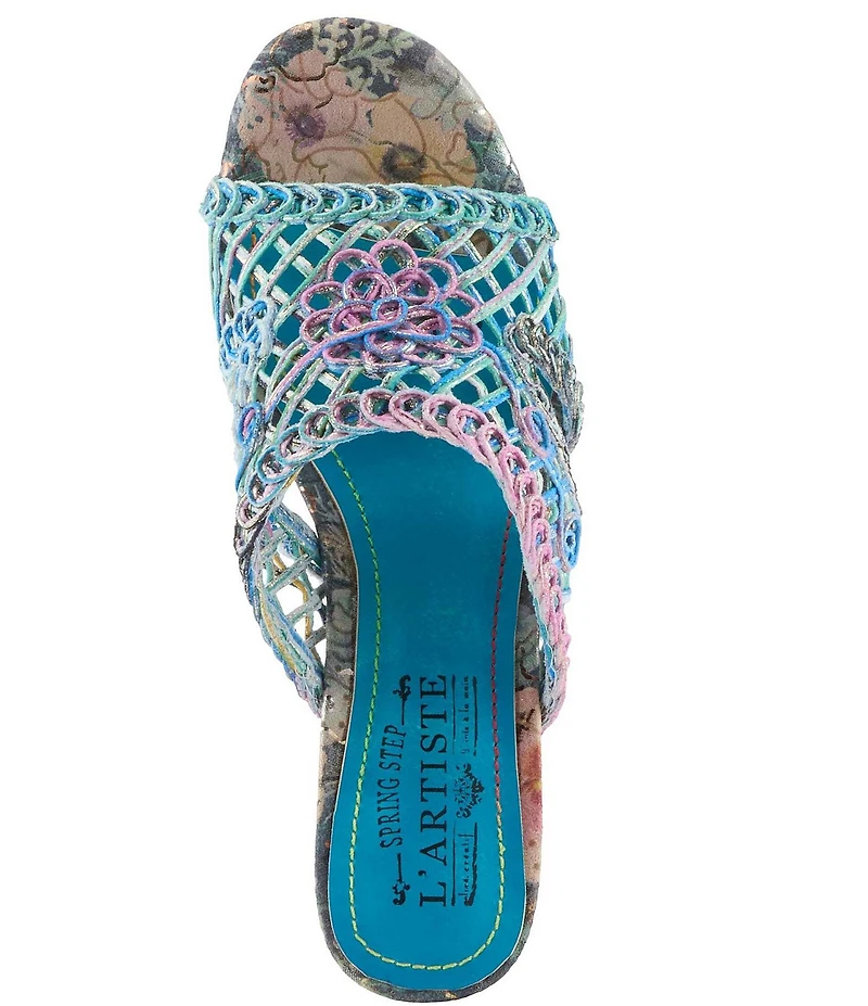 L'ARTISTE Lacyloops Metallic Macrame Block Heel Slide Sandals