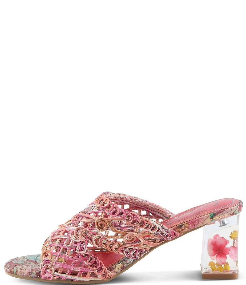 L'ARTISTE Lacyloops Metallic Macrame Block Heel Slide Sandals