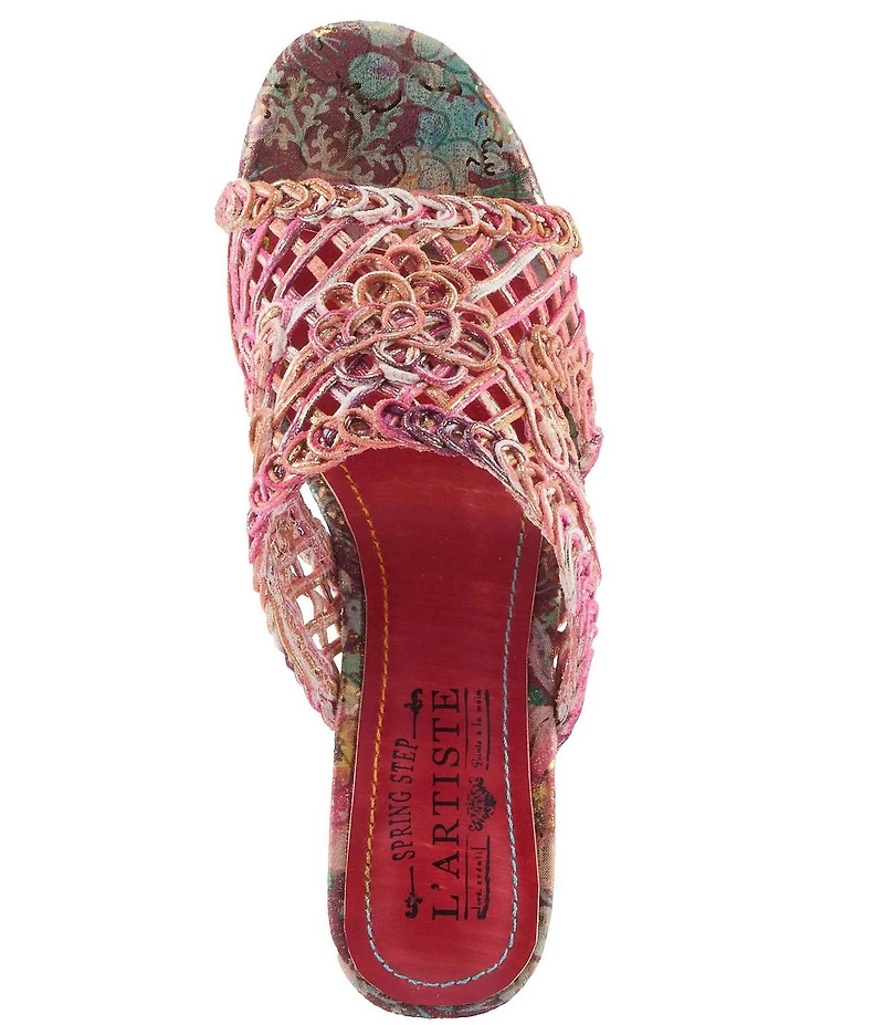 L'ARTISTE Lacyloops Metallic Macrame Block Heel Slide Sandals