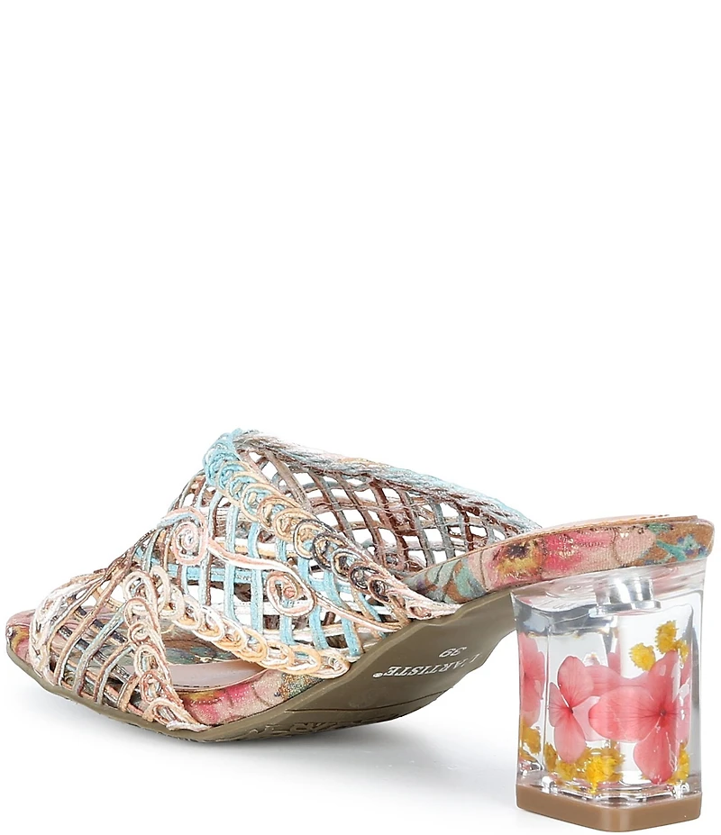 L'ARTISTE Lacyloops Metallic Macrame Block Heel Slide Sandals