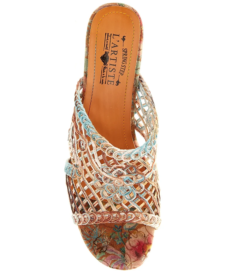 L'ARTISTE Lacyloops Metallic Macrame Block Heel Slide Sandals